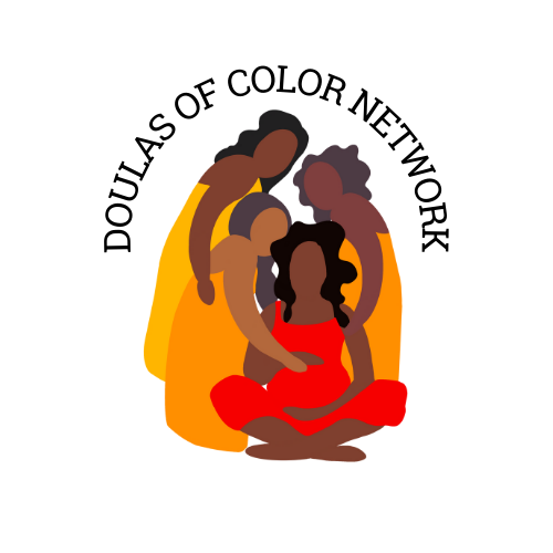 A pregnant person sits cross-legged in an orange dress. They are surrounded by 3 doulas wearing varying shades of yellow. Above them reads, Doulas of Color Network.